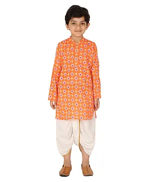 Tiny Bubs Full Sleeves Ethnic Motif Printed Kurta Dhoti - Orange