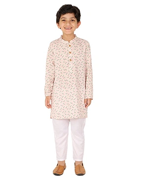 Tiny Bubs Full Sleeves Floral Printed Cotton Kurta & Pajama - Baby Pink