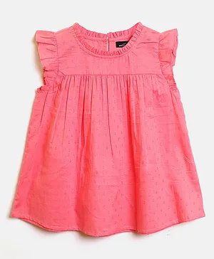 Whistle & Hops Frill Cap Sleeves Ruffled Neckline Detailed & Dobby Work Embellished Top - Pink