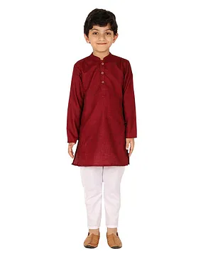 Tiny Bubs Full Sleeves Self Design Cotton Kurta & Pajama - Maroon