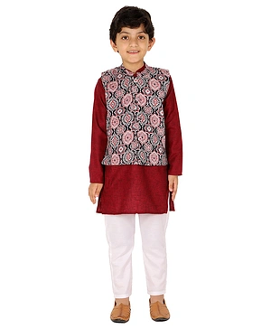 Tiny Bubs Full Sleeves Solid Kurta Pajama With Ethnic Motif Printed Jacket - Maroon