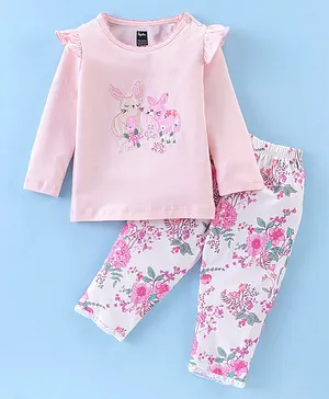 Pepito Cotton Knit Full Sleeves Top & Lounge Pant Set Bunny Embroidery & Floral Print - Pink