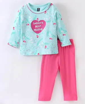 Pepito Cotton Full Sleeves Top and Legging Set Heart Print - Blue & Pink