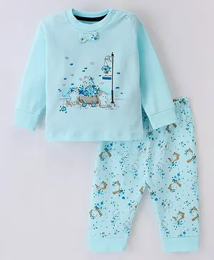 Pepito Cotton Full Sleeves Night Suit With Bow Applique & Kitty Print - Blue