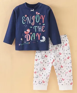 Pepito Cotton Full Sleeves Night Suit With Text Print - Navy Blue