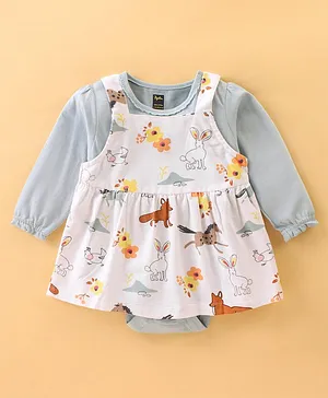 Pepito Cotton Frock with Full Sleeves Inner Tee Fox Print - White & Blue