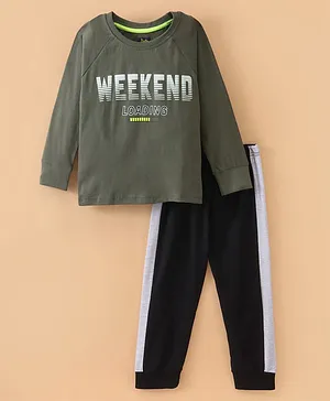 Pepito Full Sleeves T-Shirt & Lounge Pant Text Print - Olive Green