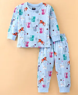 Pepito Full Sleeves Kitty Printed Night Suit - Blue