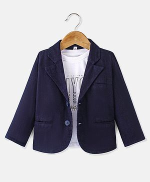 Babyhug Full Sleeves Party Blazer with T-Shirt Text Printed - Navy Blue & White