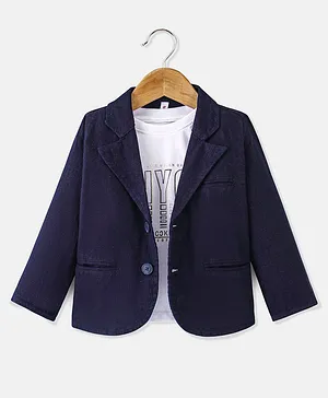 Babyhug Full Sleeves Party Blazer with T-Shirt Text Printed - Navy Blue & White