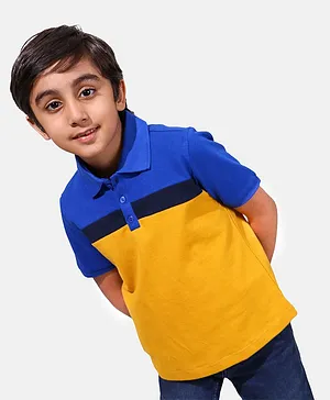 Whistle & Hops Half Sleeves Colour Blocked Horizontal Panelled Polo Tee - Blue & Yellow