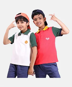 Whistle & Hops Pack Of 2 Half Sleeves Sports Theme Embroidered Polo Tees - Red & White