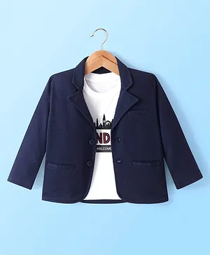 Babyhug Woven Full Sleeves Solid Blazer with T-Shirt - Navy Blue