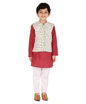 Tiny Bubs Full Sleeves Kantha Kurta Pajama With Camel Printed Jacket - Maroon