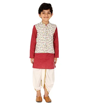 Tiny Bubs Full Sleeves Kantha Thread Work Detailed Kurta With Seamless Ethnic Designed Camel Printed Jacket & Dhoti - Maroon