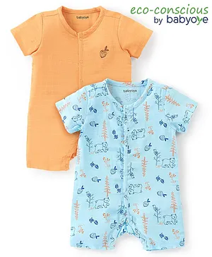 Babyoye 100%  Organic Muslin with Eco Jiva Finish Half Sleeves Bear Print Rompers Pack of 2 - Blue & Orange