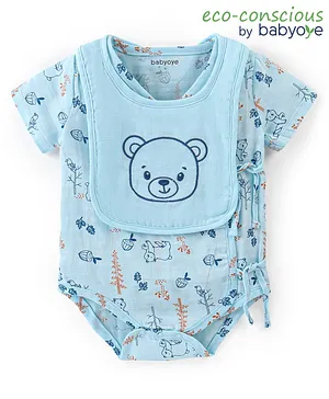 Babyoye 100%  Organic Muslin Half Sleeves Onesie & Bib with Eco-Jiva Finish Bear Print - Blue