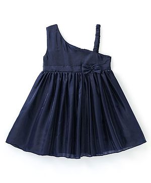 Babyhug Woven Sleeveless Solid Color Organza Party Frock with Bow - Navy Blue