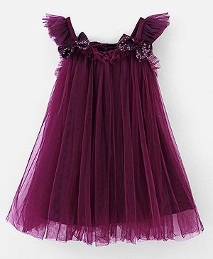 Babyhug Sleeveless A Line Mesh Party Frock With Bow Applique - Aubergine