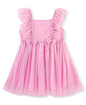 Babyhug Woven Sleeveless Party Frock Sequinned Detailing with Bow Applique - Pink