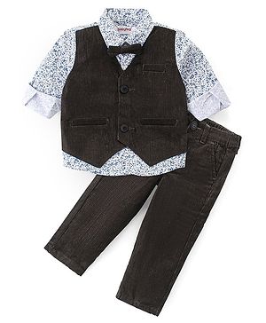 Babyhug Woven Full Sleeves Shirt with Attached Corduroy Waist Coat & Trouser Set - Olive Green
