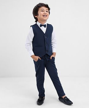Babyhug Full Sleeves Dot Print Party Suit- White & Navy Blue