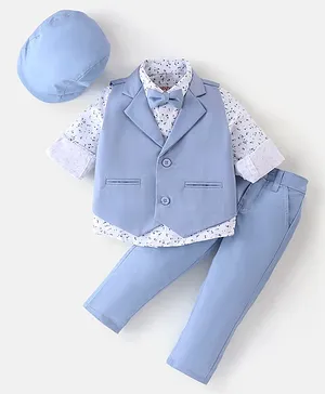 Babyhug Woven Full Sleeves Floral Print Party Suit with Bow & Cap - Ice Blue & White