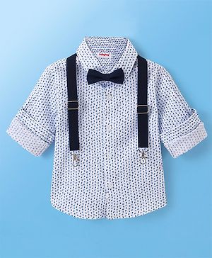 Babyhug Full Sleeves Party Wear Shirt with Bow & Suspender Semi Circle Print - White