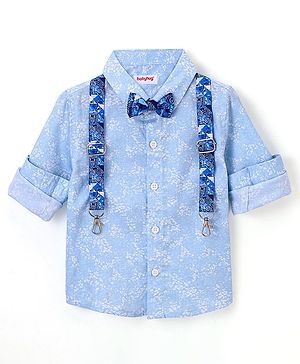 Babyhug Full Sleeves Party Wear Shirt with Bow & Suspender Floral Print - Blue