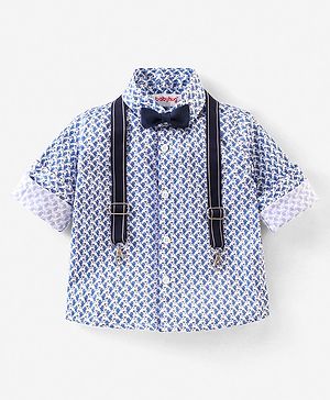 Babyhug Full Sleeves Party Shirt with Bow & Suspender Bird Print - Blue