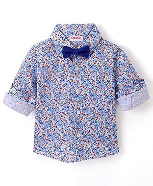 Babyhug Full Sleeves Party Wear Shirt with Bow Floral Print - Blue