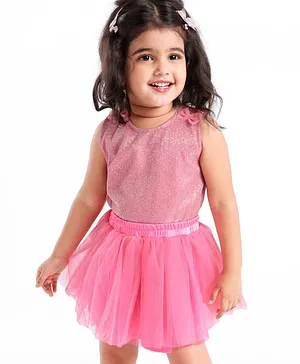 Babyhug Sleeveless Party Wear Skirt & Top Set With Bow Applique - Pink