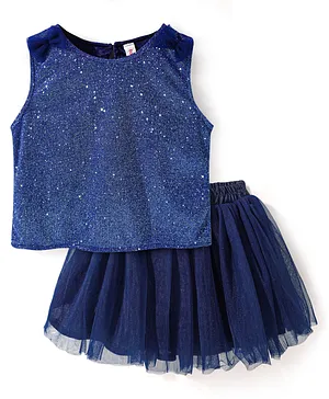 Babyhug Sleeveless Top & Skirt Set Solid & Bow Applique - Navy Blue