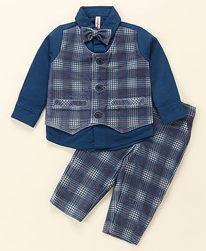 Babyhug Cotton Full Sleeves Party Wear Suit With Blazer Checkered - Navy Blue