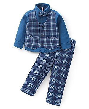 Babyhug Cotton Full Sleeves Party Wear Suit With Blazer Checkered - Navy Blue