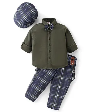 Babyhug Full Sleeves Solid Colour Shirt with Checks Trouser Cap Bow & Suspenders Set - Green & Navy Blue