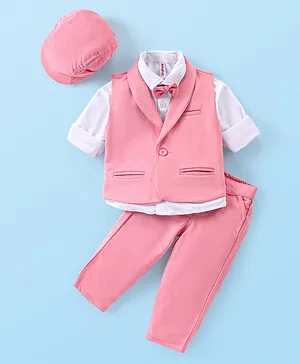 Babyhug Woven Full Sleeves Party Suit With Bow & Cap - Pink & White