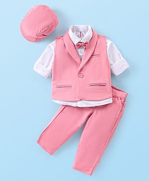 Babyhug Knit Full Sleeves Solid Color Party Suit with Stretch Waistcoat & Cap -  Pink & White