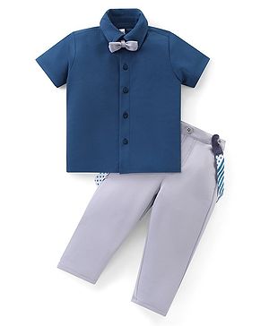 Babyhug Woven Half Sleeves Solid Shirt & Trouser Set with Bow Tie & Suspender - Blue & Grey