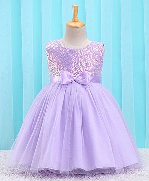 Babyhug Sleeveless  3D Fabric Yoke Party Frock With Sequin Embroidery & Bow Applique- Lilac