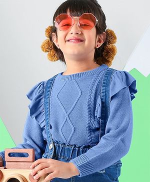 Pine Kids Full Sleeves Sweater With Cable Knit Ruffle Solid Colour - Blue