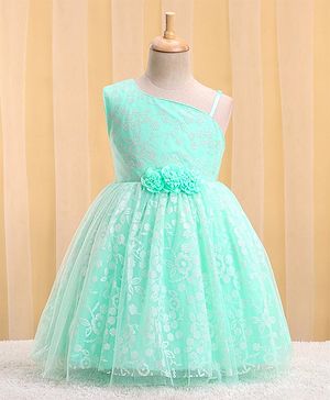 Babyhug Woven Sleeveless Party Frock with Floral Corsage & Glitter Print - Mint