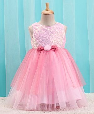 Babyhug Woven Sleeveless Sequined Party Dress with Floral Corsage & Net Detailing - Dusty Pink