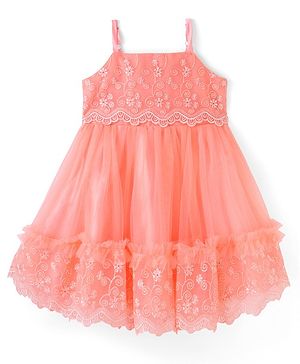 Babyhug Sleeveless Floral Lace & Mesh Party Frock - Peach
