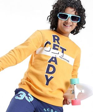 Pine Kids Full Sleeves Round Neck Biowashed Sweatshirt Text Print - Yellow