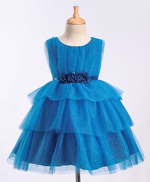 Babyhug Sleeveless Mesh Layered Glittery Party Frock with Floral Corsage - Dark Blue