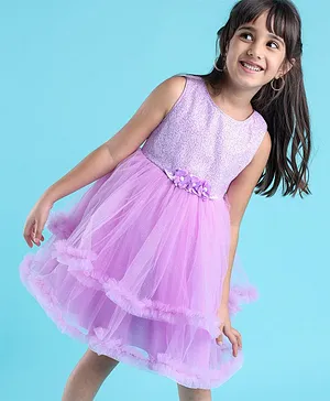 Babyhug Sleeveless Sequinned Party Frock With Floral Corsage- Lavender