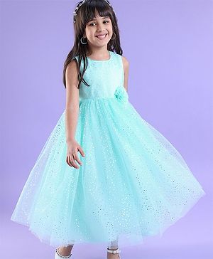 Babyhug Sleeveless Party Frock With Foil Print & Floral Corsage- Mint