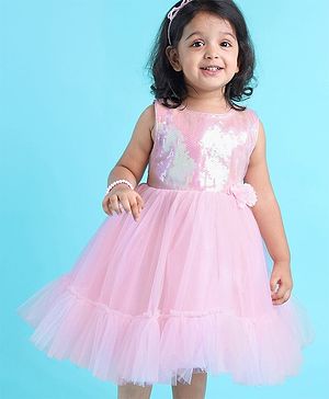Babyhug Woven Sleeveless Sequined Party Dress with Bow Applique & Mesh Detailing - Pink