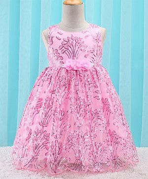 Babyhug Sleeveless Party Frock With Sequin Embroidery & Floral Corsage- Peach